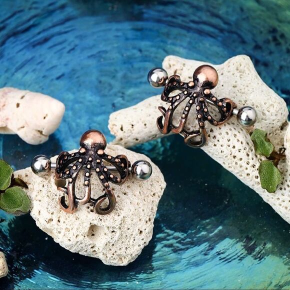 14G 316L Rose Gold Octopus Nipple Rings - Set of 2 - Picture 4 of 4